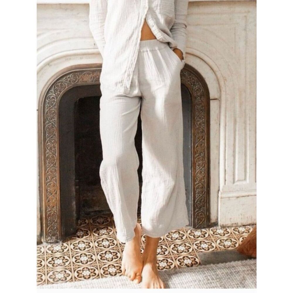 Sister Katie Organic Cotton Gauze Wide Leg Pull On Cropped Pants Beige Size S
